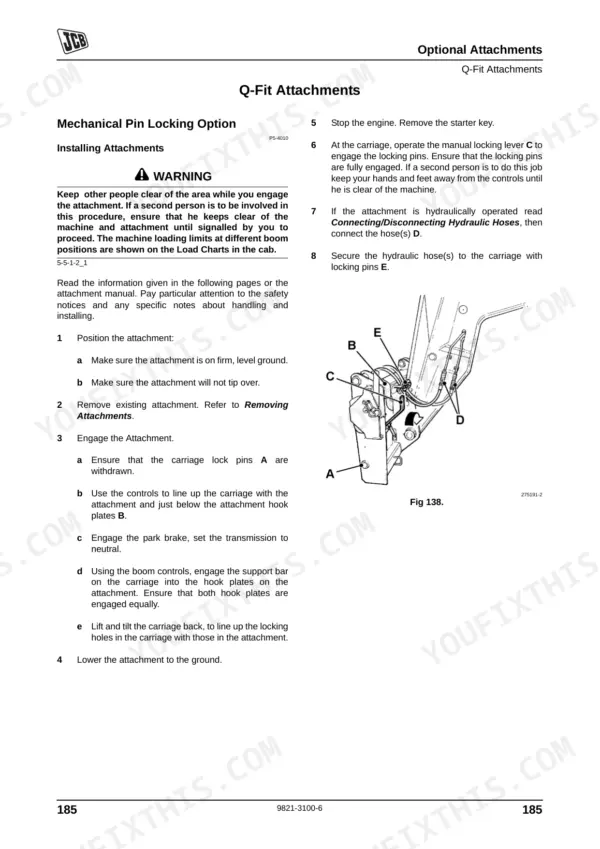 JCB TM320, TM320S, TM320WM procedure for installing Q-Fit mechanical pin locking attachments with diagram of locking lever.