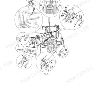 JCB TM320, TM310 boom removal and replacement exploded view diagram showing hydraulic hoses, pins, and mounting hardware.