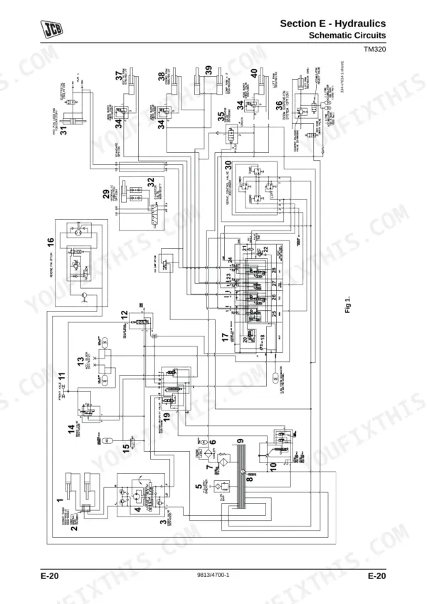 JCB TM320, TM310 hydraulic schematic circuits diagram showing main control valves, steering, and boom suspension systems.
