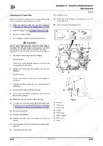 JCB TM320, TM310 engine oil and filter change procedure with component diagram showing drain plug, filter, and dipstick.
