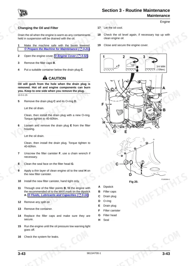 JCB TM320, TM310 engine oil and filter change procedure with component diagram showing drain plug, filter, and dipstick.