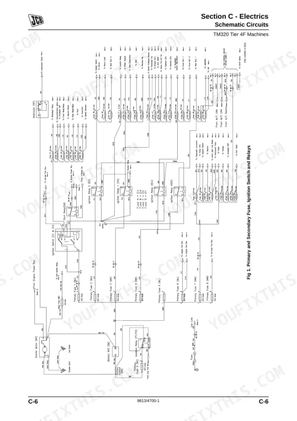 JCB TM320, TM310 electrical schematic showing primary and secondary fuses, ignition switch, and relay circuits.