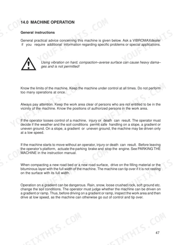 JCB Vibromax VM 132-200 D/PD Vibratory Single Drum Roller operator manual page 47, general machine operation instructions.