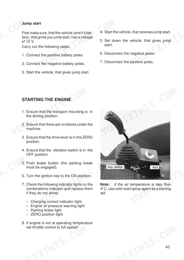JCB Vibromax VM 132-200 D/PD roller manual: jump start procedure and engine starting steps with drive lever control photo.