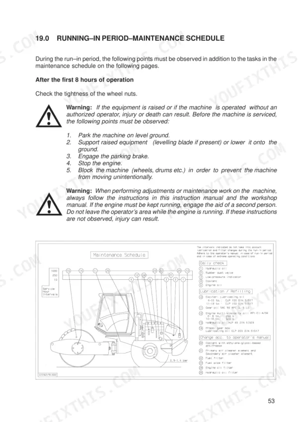 JCB Vibromax VM 46 D, VM 46 PD running-in period maintenance schedule, safety procedures, and lubrication diagram.