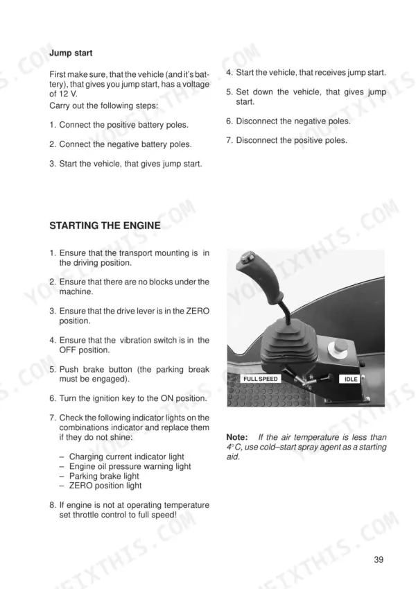 JCB Vibromax VM 46 D, VM 46 PD jump start and engine starting procedures with throttle control lever diagram.