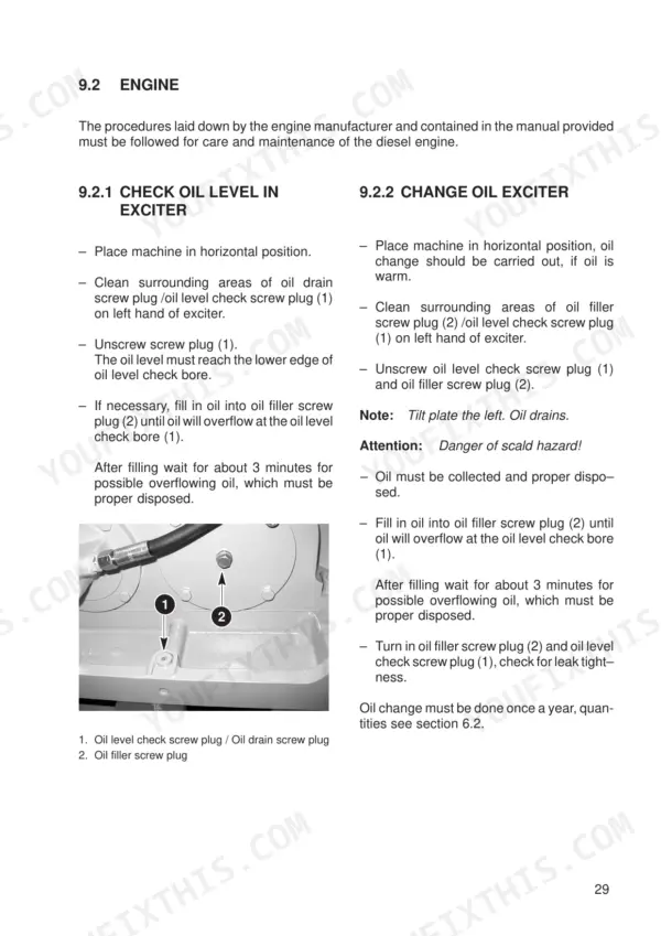 JCB Vibromax VMP 14, 18, 24, 40, 48 exciter oil level check and oil change maintenance procedures.