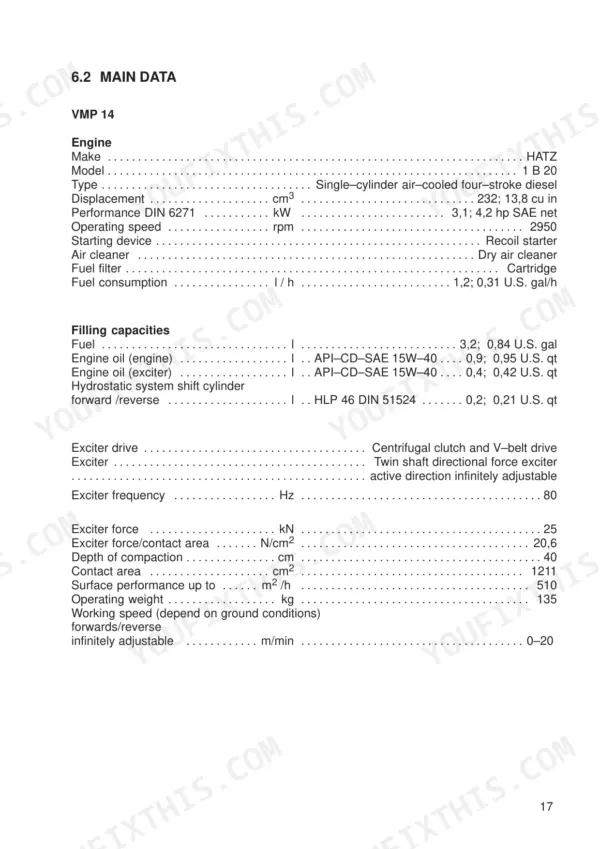 JCB Vibromax VMP 14, 18, 24, 40, 48 main data table showing engine specs, filling capacities, and performance