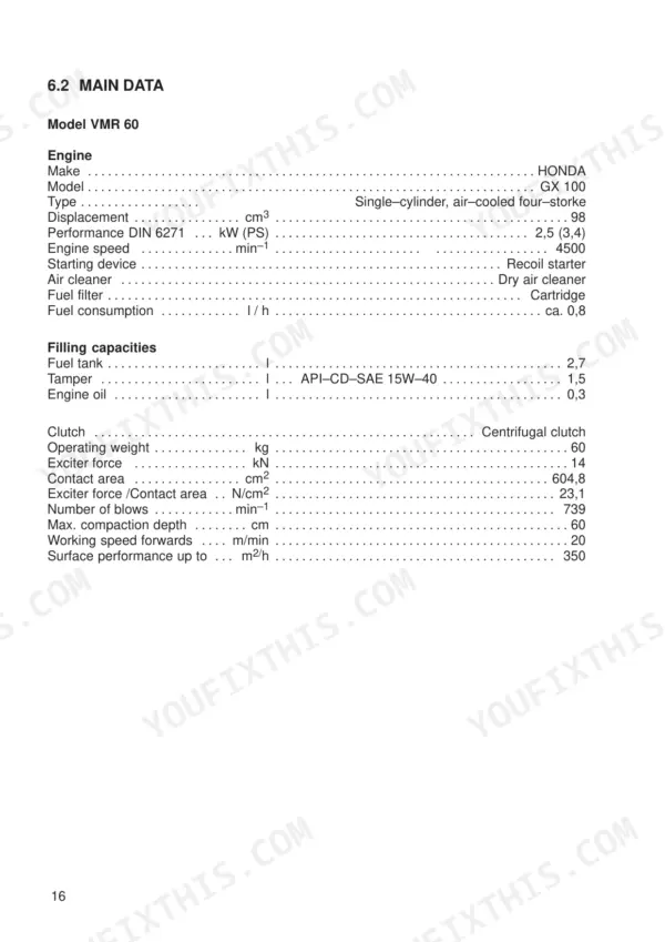 JCB Vibromax VMR 60, 75 technical specifications table including engine data, filling capacities, and performance.
