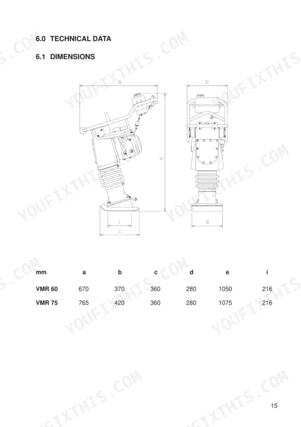 JCB Vibromax VMR 60, 75 technical data page showing dimension diagrams and specification table for mm measurements.