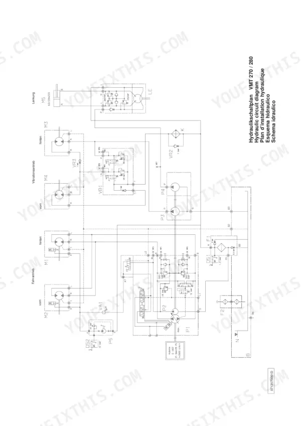 JCB Vibromax VMT 270, VMT 280, Vibratory Tandem Roller hydraulic circuit diagram showing pumps, motors, and valves.