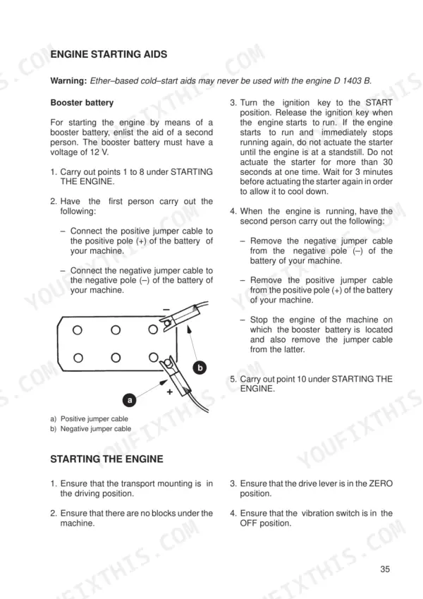 JCB Vibromax VMT 270, VMT 280, Vibratory Tandem Roller engine starting aids and booster battery jump start procedure.
