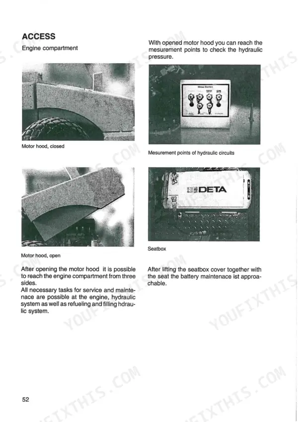 JCB Vibromax W 1105 D, W 1105 PD, Vibratory Single Drum Roller: engine hood access and hydraulic pressure test points.