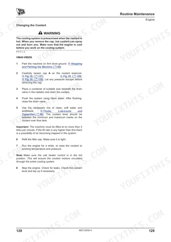 JCB VM 46D/PD-200D/PD maintenance manual page detailing the step-by-step procedure for changing the engine coolant.