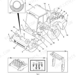 JCB VM 46D/PD-200D/PD machine description diagram showing Vibromax roller components, drum, and measure station.
