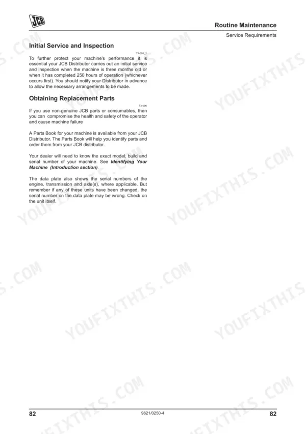 JCB VM 46D/PD-200D/PD manual page: Initial Service, Inspection, and Replacement Parts ordering procedures.