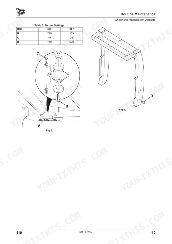 JCB VM 46D/PD-200D/PD torque settings table and diagrams for vibration isolator and frame mounting hardware.