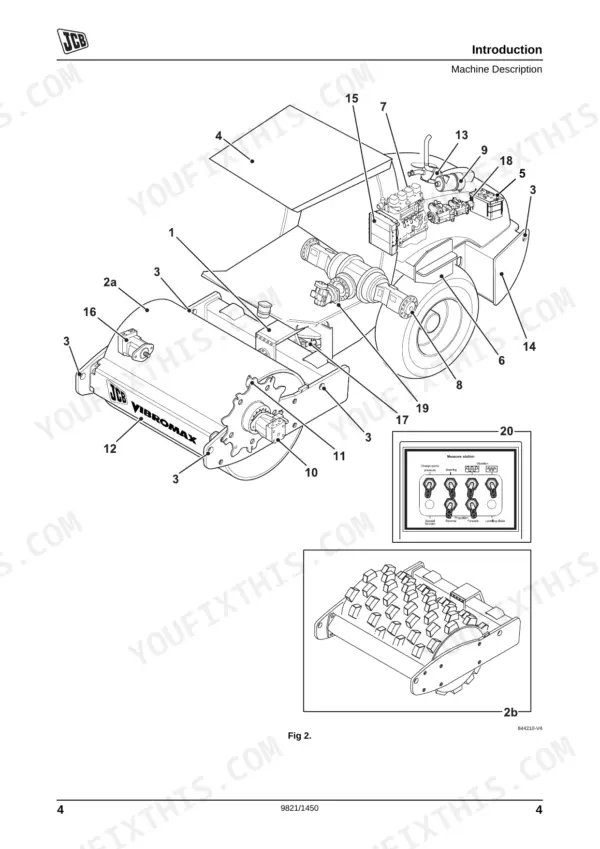 JCB VM115, VM115D, VM115PD machine description diagram showing drum, engine, hydraulic components, and measure station.