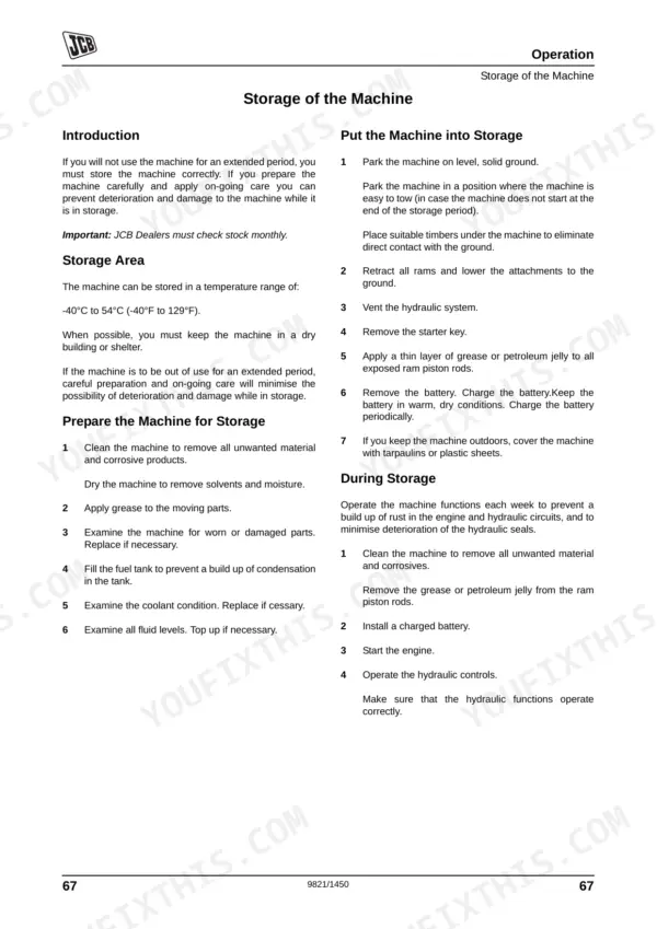 JCB VM115, VM115D, VM115PD machine storage and preparation procedures for long-term maintenance and protection.