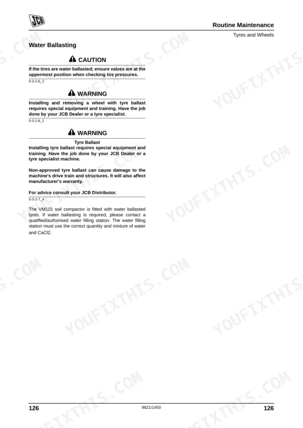 JCB VM115, VM115D, VM115PD maintenance manual page covering water ballasting procedures for tires and wheels.