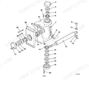JCB VM RANGE, VM115D/PD exploded view diagram of steering articulation joint assembly and hydraulic steering cylinder.