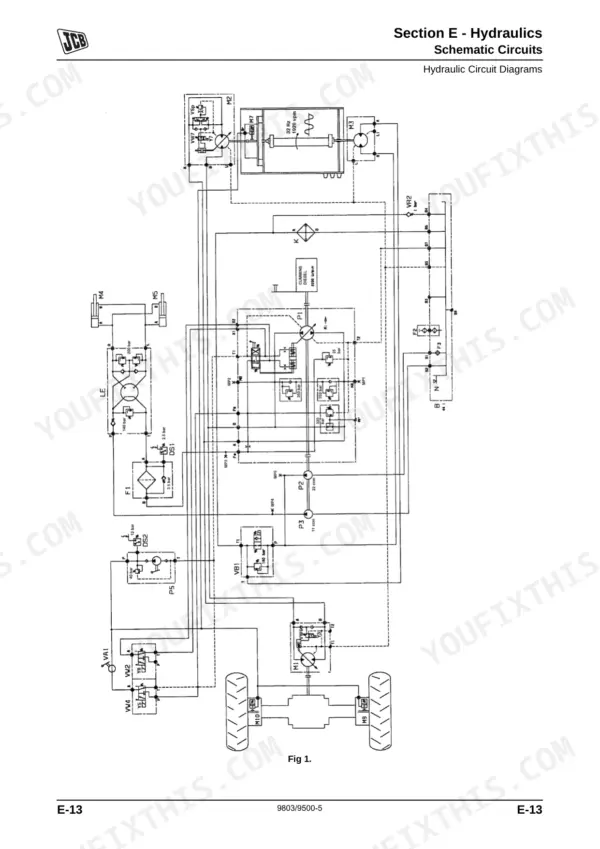 JCB VM RANGE, VM115D/PD: Hydraulic circuit diagram showing pumps, motors, and valves for Section E hydraulics.
