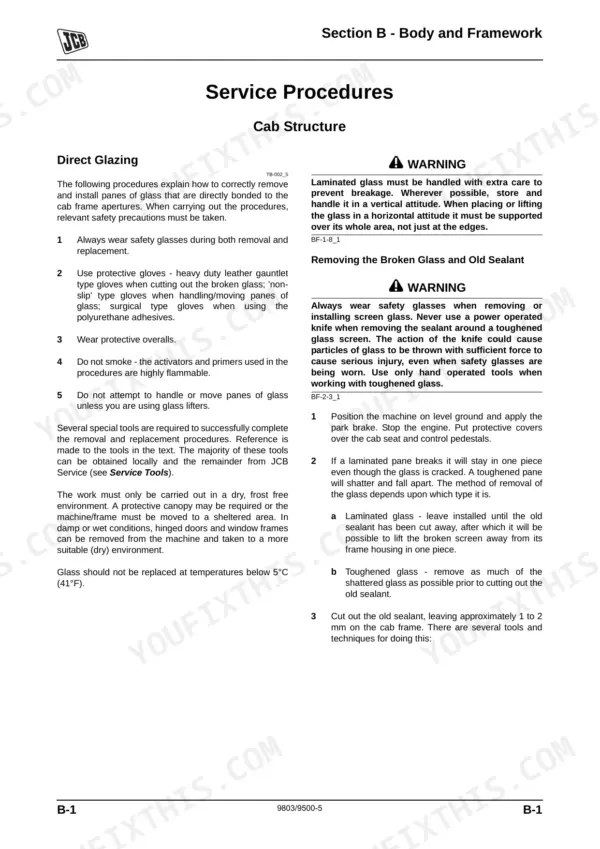 JCB VM46D/PD-VM200D/PD service manual: Cab structure direct glazing removal and sealant replacement procedures.