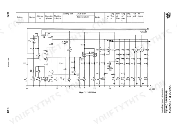 JCB VM46D/PD-VM200D/PD electrical circuit diagram showing battery, starter, alternator, and monitoring sensors.