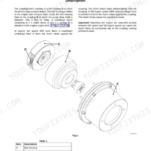 JCB VMD70/VMD100, HATZ 1B40 engine coupling and centrifugal clutch exploded view diagram with component description table.