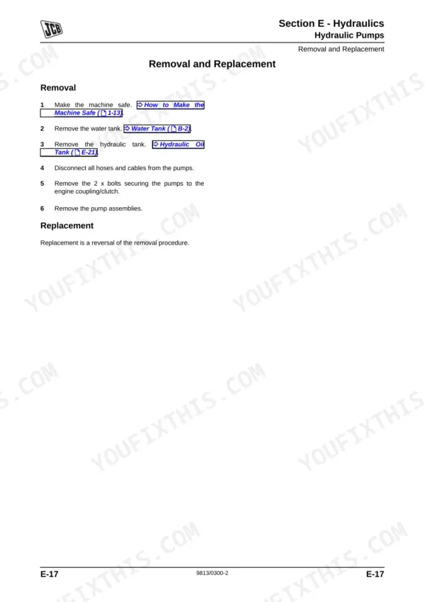 JCB VMD70, VMD100: Hydraulic pump removal and replacement procedure steps for the hydraulic system.
