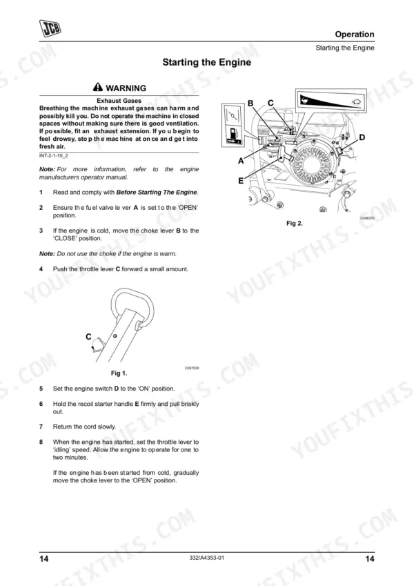 JCB VMP 8, 8 Vibrating Plate engine starting procedure with diagrams of fuel valve, choke, throttle, and recoil starter.