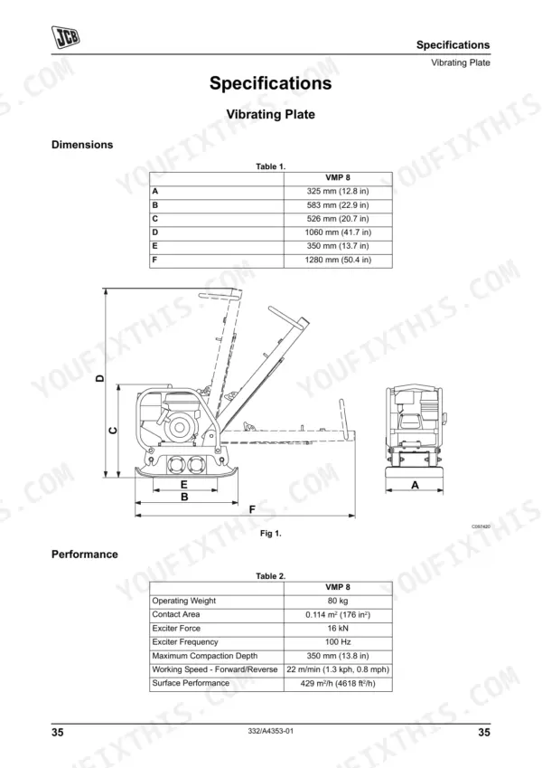 JCB VMP 8, 8 Vibrating Plate dimensions diagram and performance specifications table.