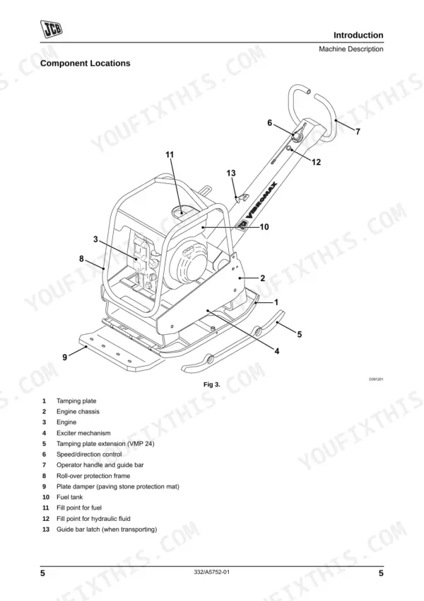 JCB VMP 14, 18, 24 component location diagram showing tamping plate, engine, fuel tank, and operator controls.