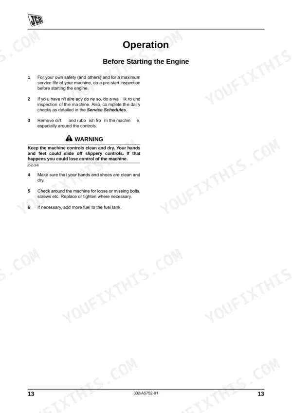 JCB VMP 14, 18, 24 operator manual page detailing pre-start inspection and engine starting safety procedures.