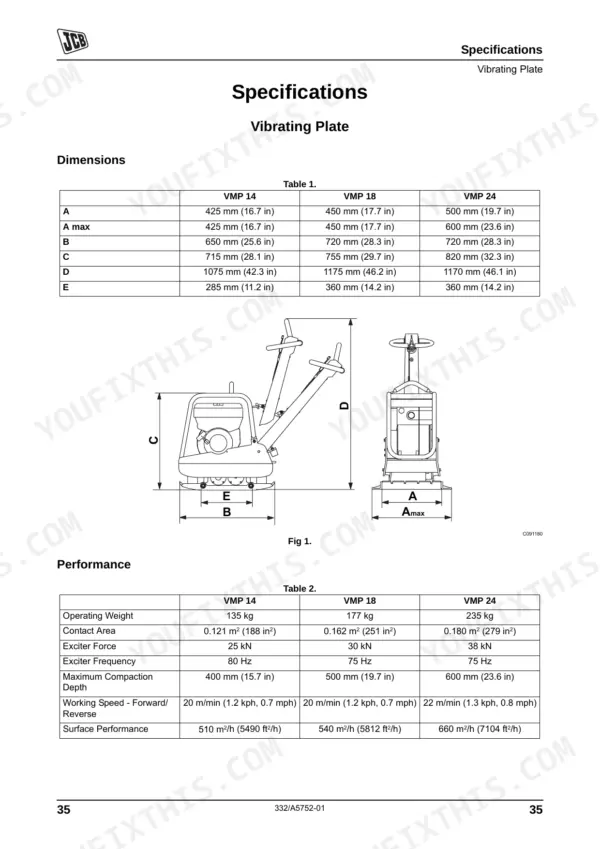 JCB VMP 14, 18, 24 vibrating plate specifications table, dimension diagram, and performance data table.