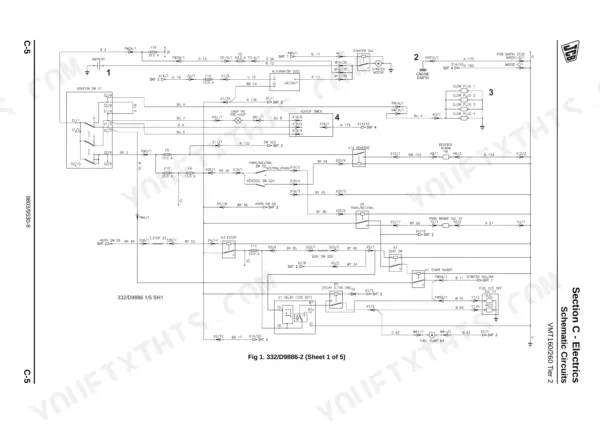 JCB VMT160, VMT260, VMT 160-90, VMT 260-100, VMT 260-120, D722 electrical schematic showing engine start, glow plug, and fuel circuits.