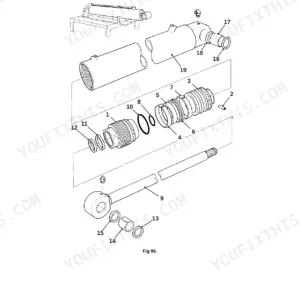 JCB WLS 432ZX, 432ZX, 6BTAA 5.9 150C exploded view diagram of a typical hydraulic ram cylinder assembly components.