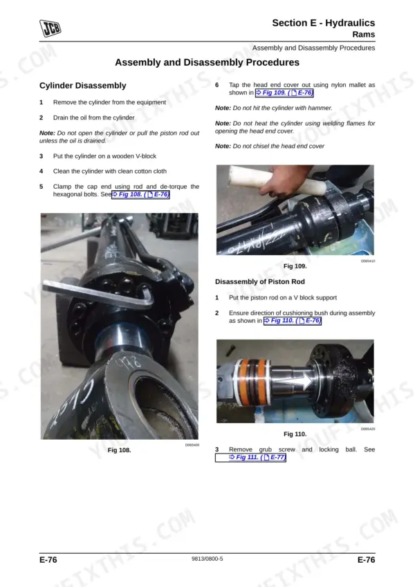 JCB WLS 432ZX, 432ZX, 6BTAA 5.9 150C hydraulic ram cylinder disassembly and piston rod removal procedures.