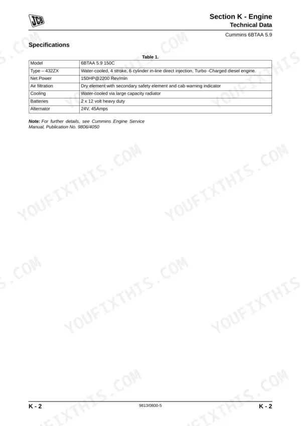 JCB WLS 432ZX, 432ZX, 6BTAA 5.9 150C engine technical data specifications table for Cummins 6BTAA 5.9 engine.