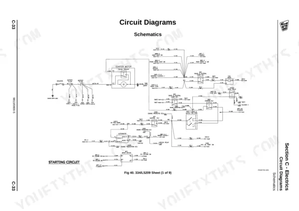 JCB WLS 432ZX, 432ZX, 6BTAA 5.9 150C starting circuit wiring diagram showing battery, starter motor, and alternator.