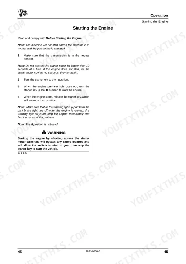 JCB WORKMAX 1000D operator manual page detailing the step-by-step procedure for starting the engine and safety warnings.