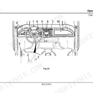 JCB WORKMAX 800D cab layout diagram showing numbered controls, steering wheel, dashboard, and pedal locations.