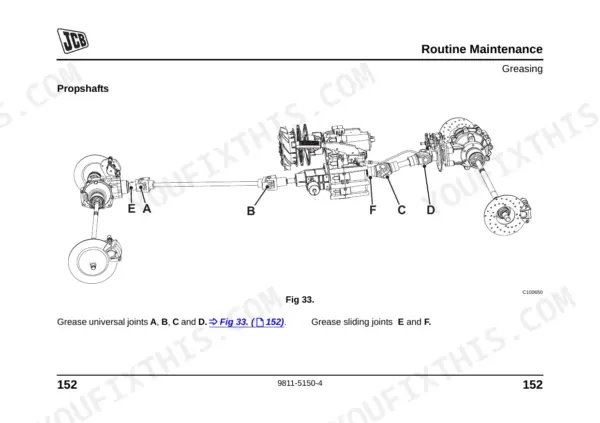 JCB WORKMAX 800D propshaft greasing diagram showing universal joints A-D and sliding joints E-F for routine maintenance.