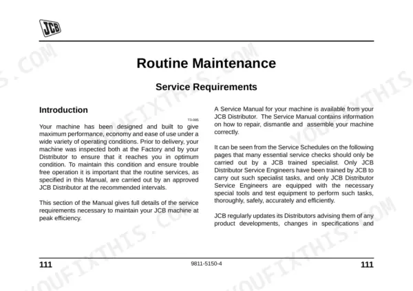 JCB WORKMAX 800D routine maintenance and service requirements introduction page 111.
