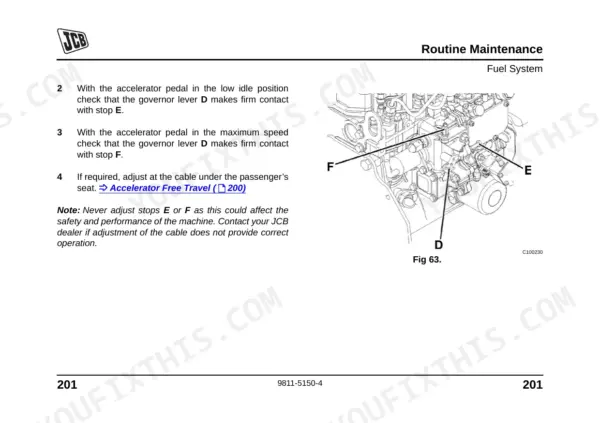 JCB WORKMAX 800D fuel system maintenance procedure showing governor lever D and stops E and F diagram.
