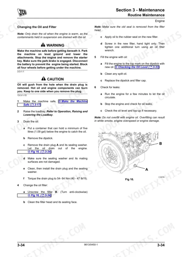 JCB Workmax 800D engine oil and filter change procedure with drain plug and filter location diagram