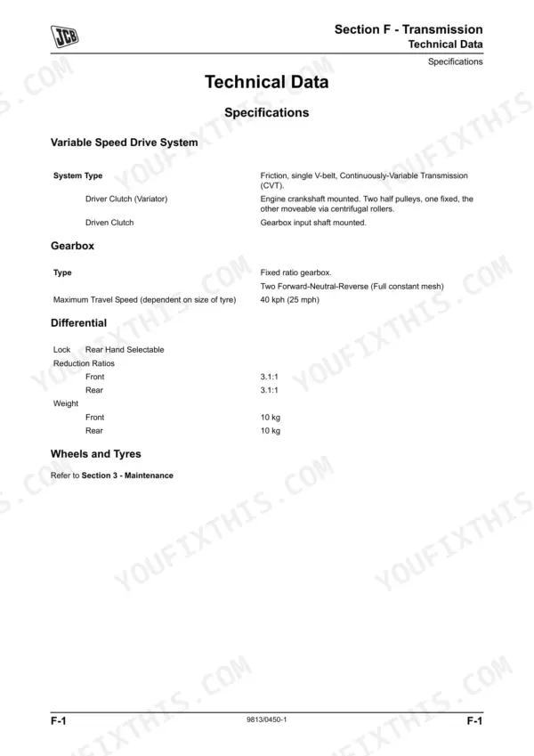 JCB Workmax 800D transmission technical specifications including CVT, gearbox, and differential data.