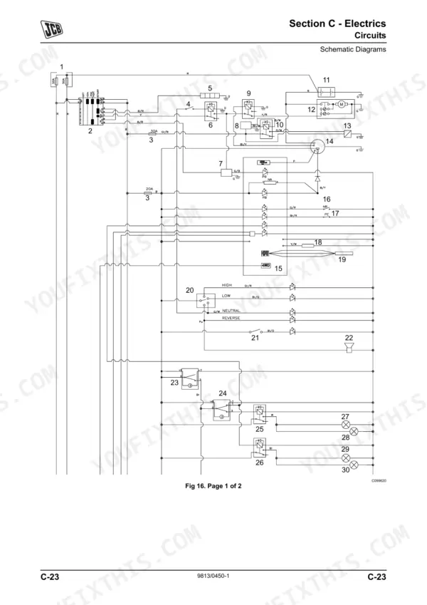 JCB Workmax 800D electrical schematic diagram showing circuits, relays, and switches for Section C Electrics.
