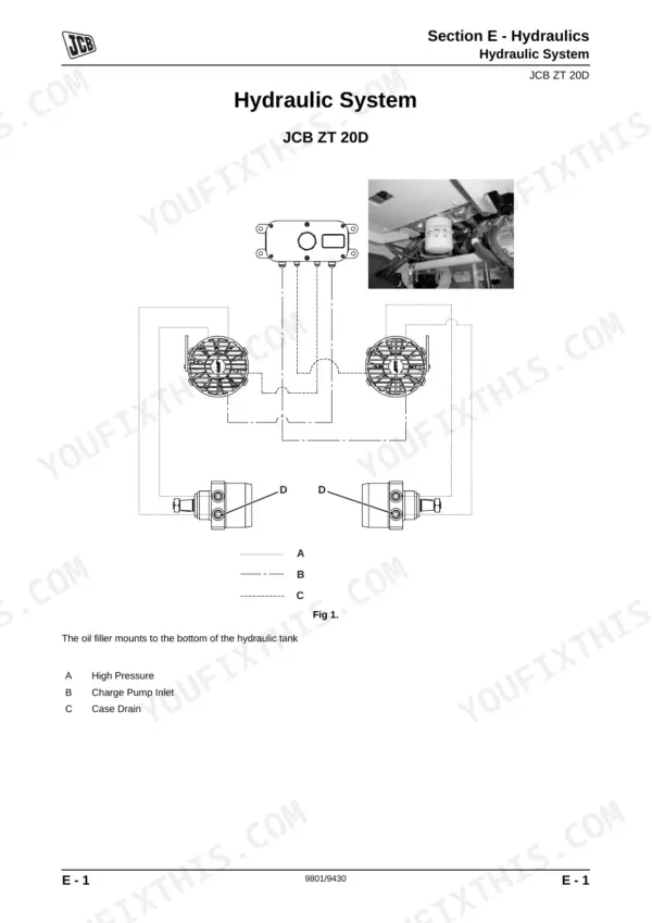 JCB ZT 20D, JCBZT20D, JCB ZT 20D, Yanmar 2V750 -CVER Diesel hydraulic system diagram showing pump and filter lines.