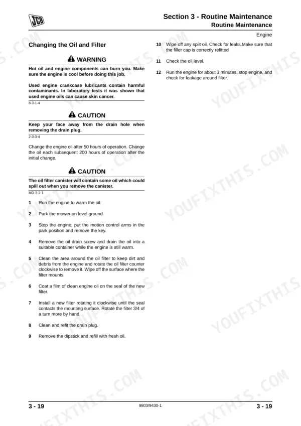 JCB ZT 20D, JCBZT20D, JCB ZT 20D, Yanmar 2V750 -CVER Diesel engine oil and filter change maintenance procedure steps.